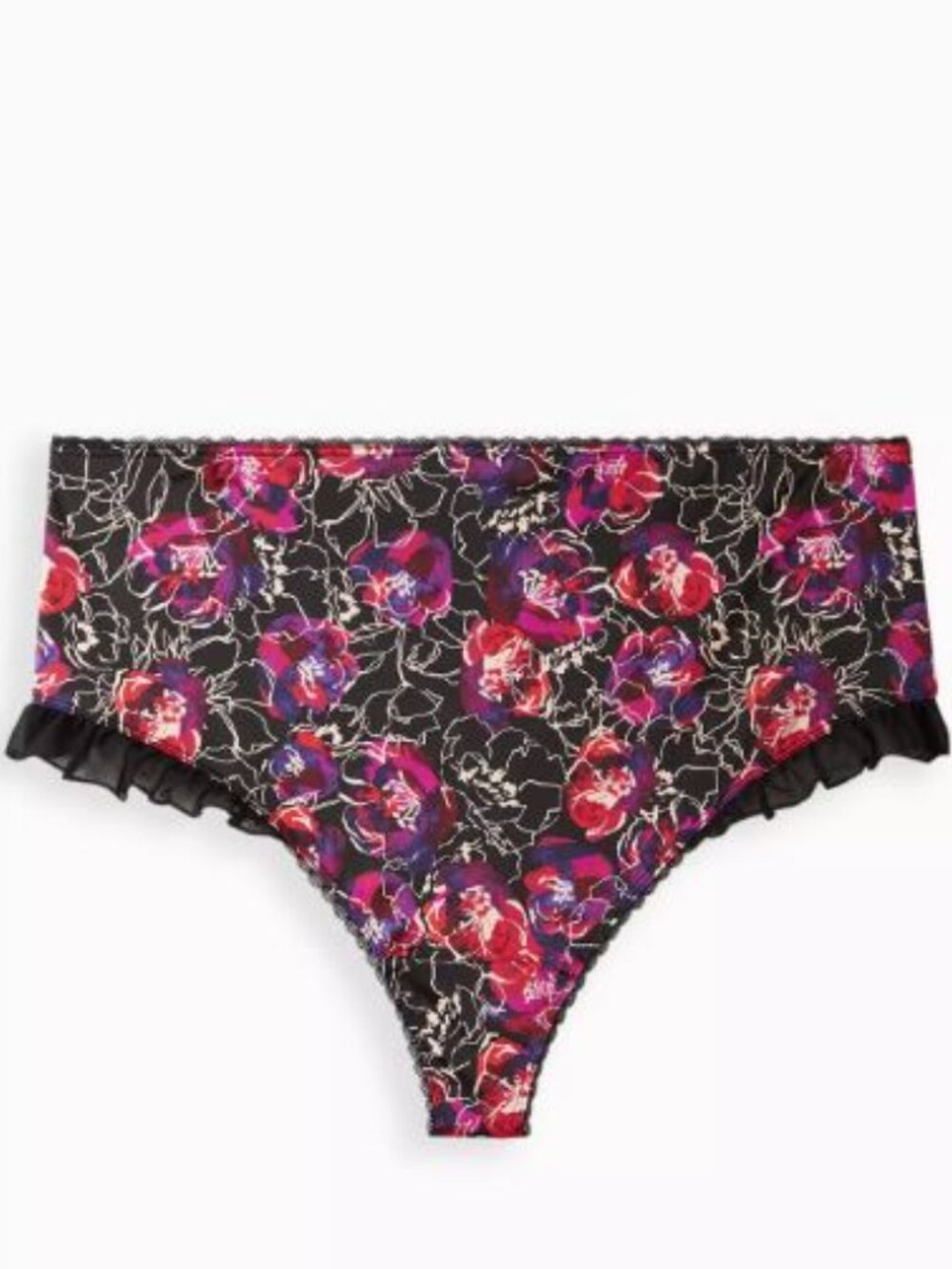 Torrid 6x Black Floral Satin Ruffle Underwire Bra and High-rise Thong Panty Set - Picture 2 of 5